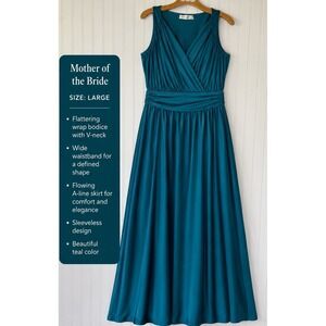 Koh Koh Maxi Dress Teal LG Empire Bodice V-Neck Gather  Waist Sleeveless Classic